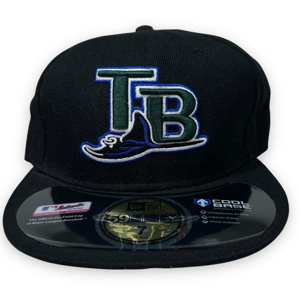 VTG Tampa Bay Rays Fitted Hat Mens 7 Black Green Cool Base Cap New Era 5950